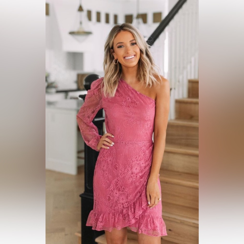 WAYF Dede & Emily Women's BFF Collection Jess One Shoulder Pink Lace Dress, XS